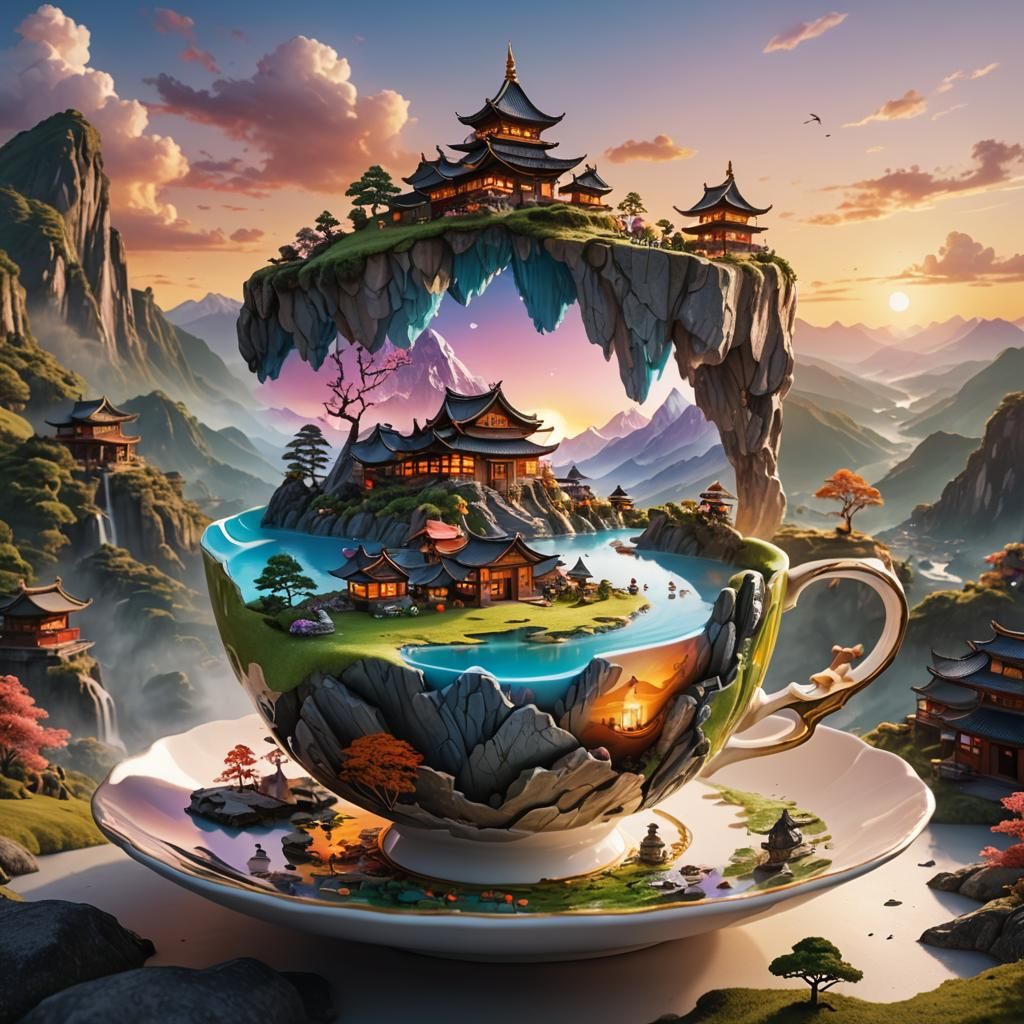 Magical Teacup with Zen Village in 3D