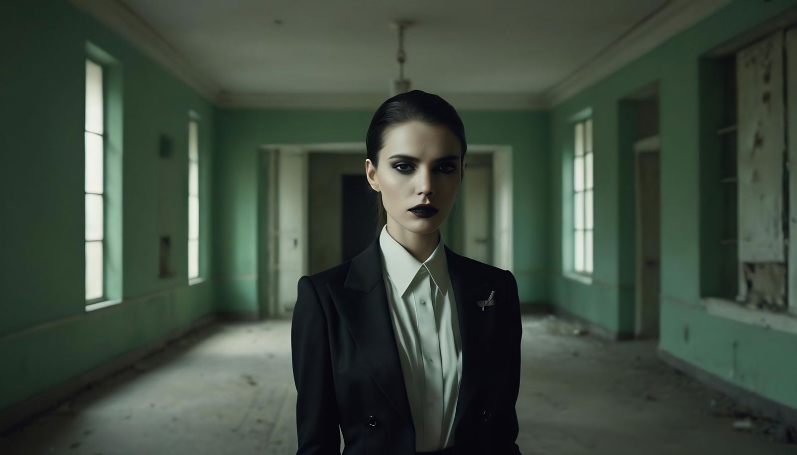 Forlorn Vampire Haunting Bauhaus Villa in Eerie Light