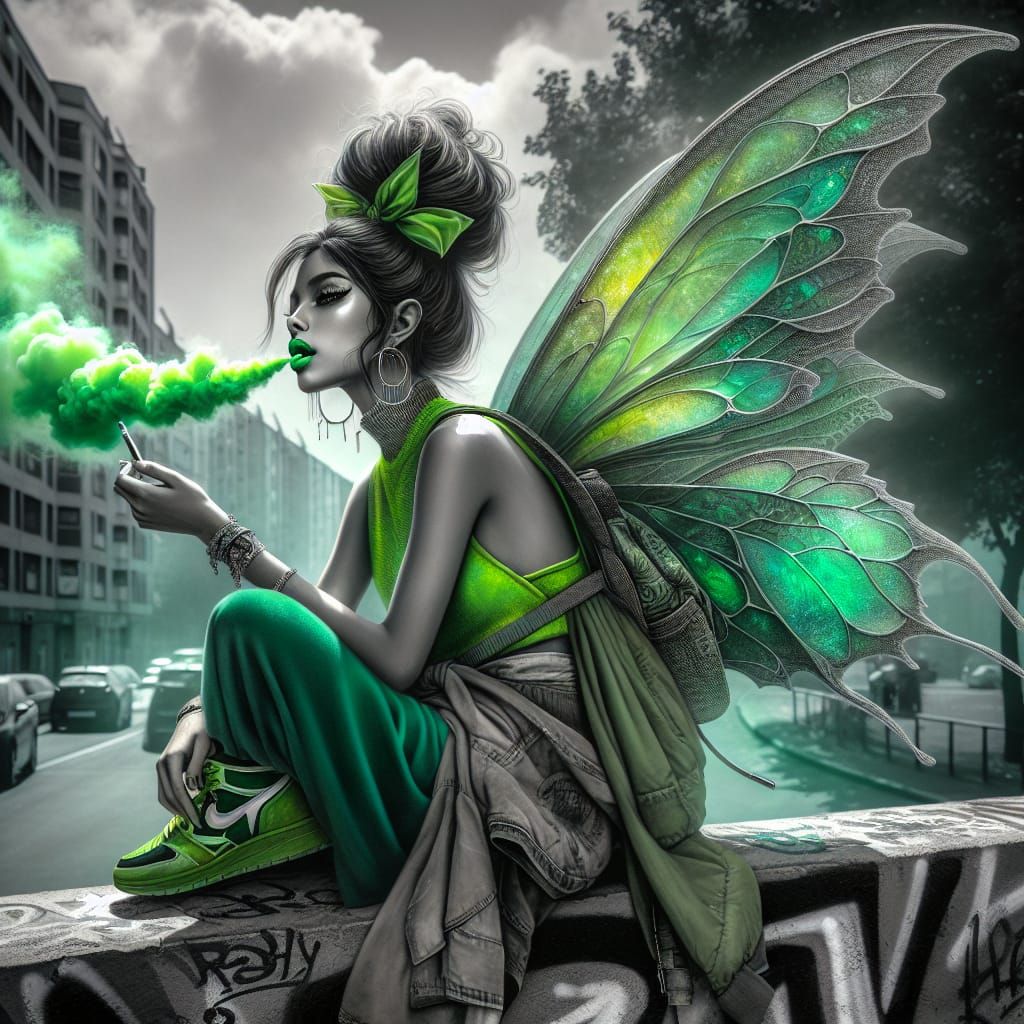 Modern Fairy Emitting Green Smoke in Urban Landscape