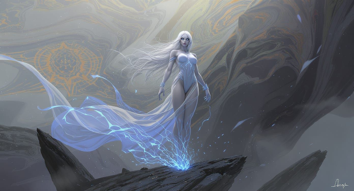 Heroic White-Haired Woman Imbues Earth with Presence