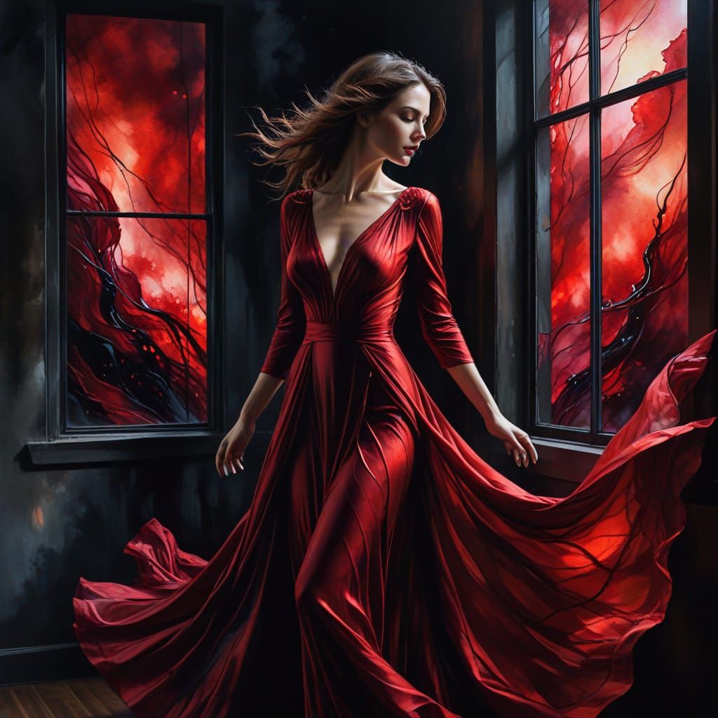 Crimson Silk Gown in Expressive Alcohol Ink Painting