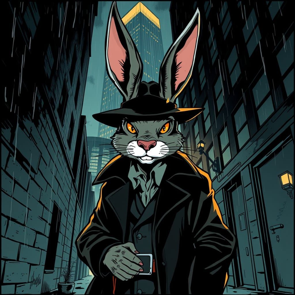 Detective Bunny Investigates Crime Scene in Noir Style