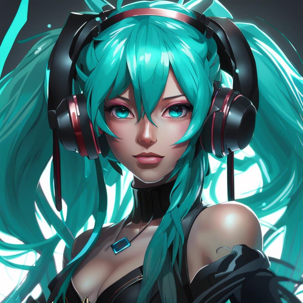 Black-Haired Hatsune Miku Portrait in Detailed Splash Art