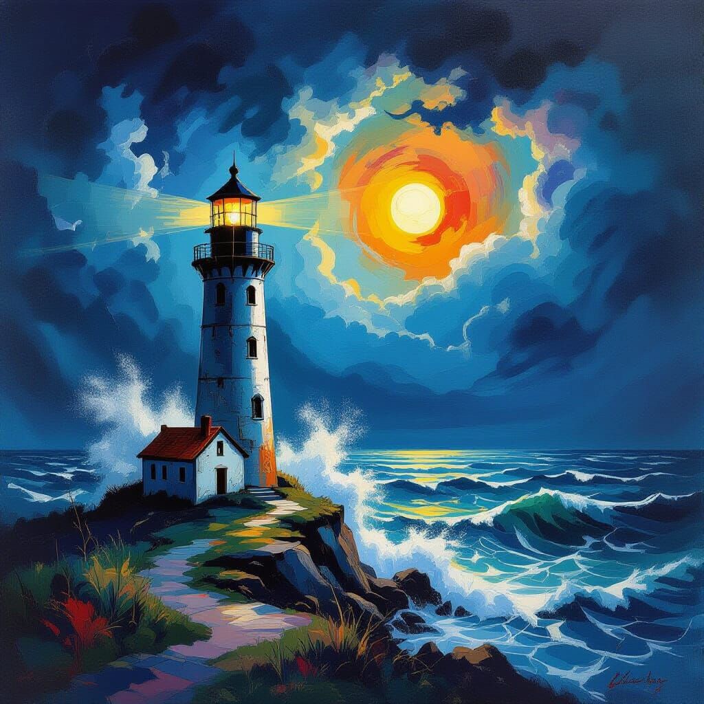 Surreal Lighthouse in Stormy Weather, Abstract Art