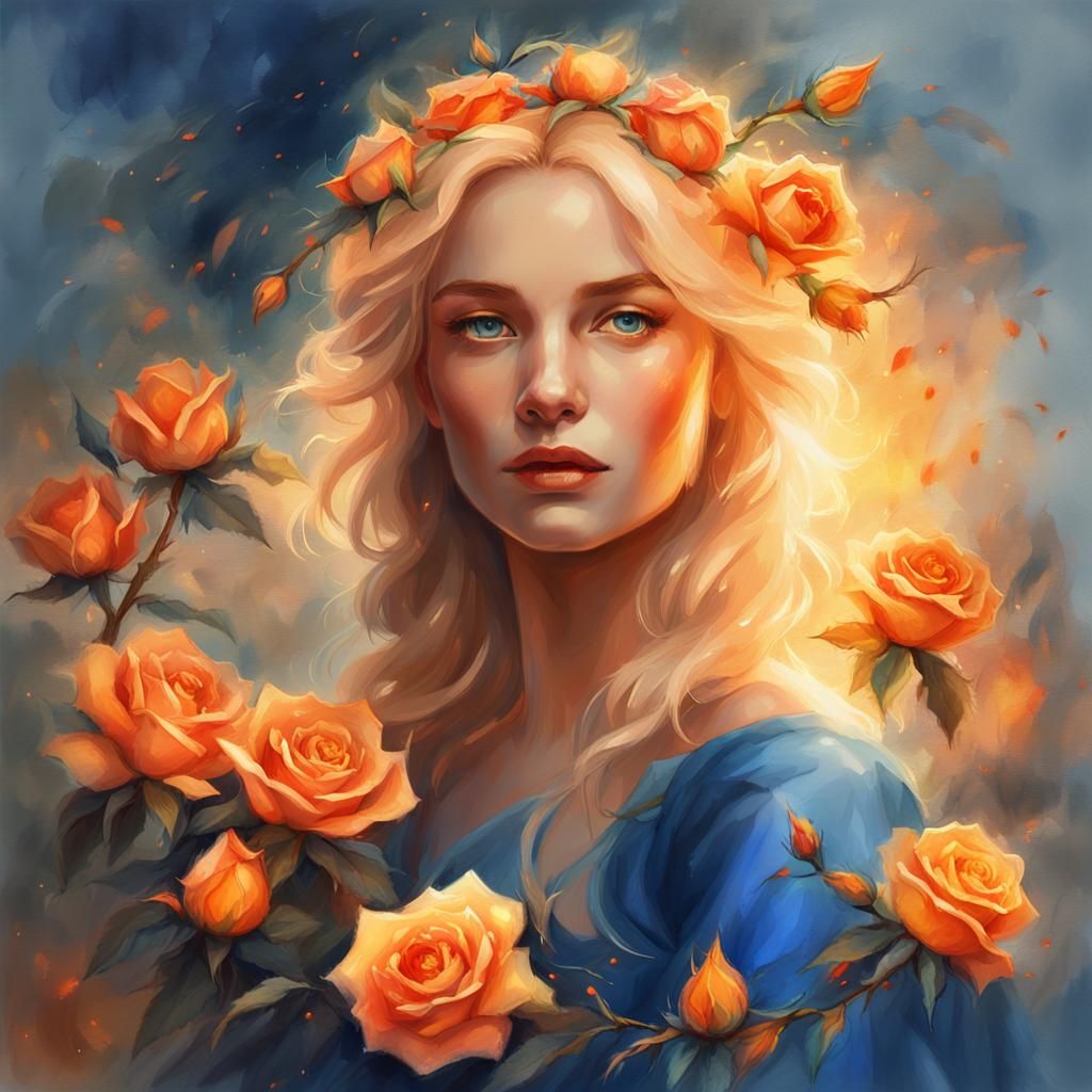 Elegant Woman with Roses in Watercolor Style