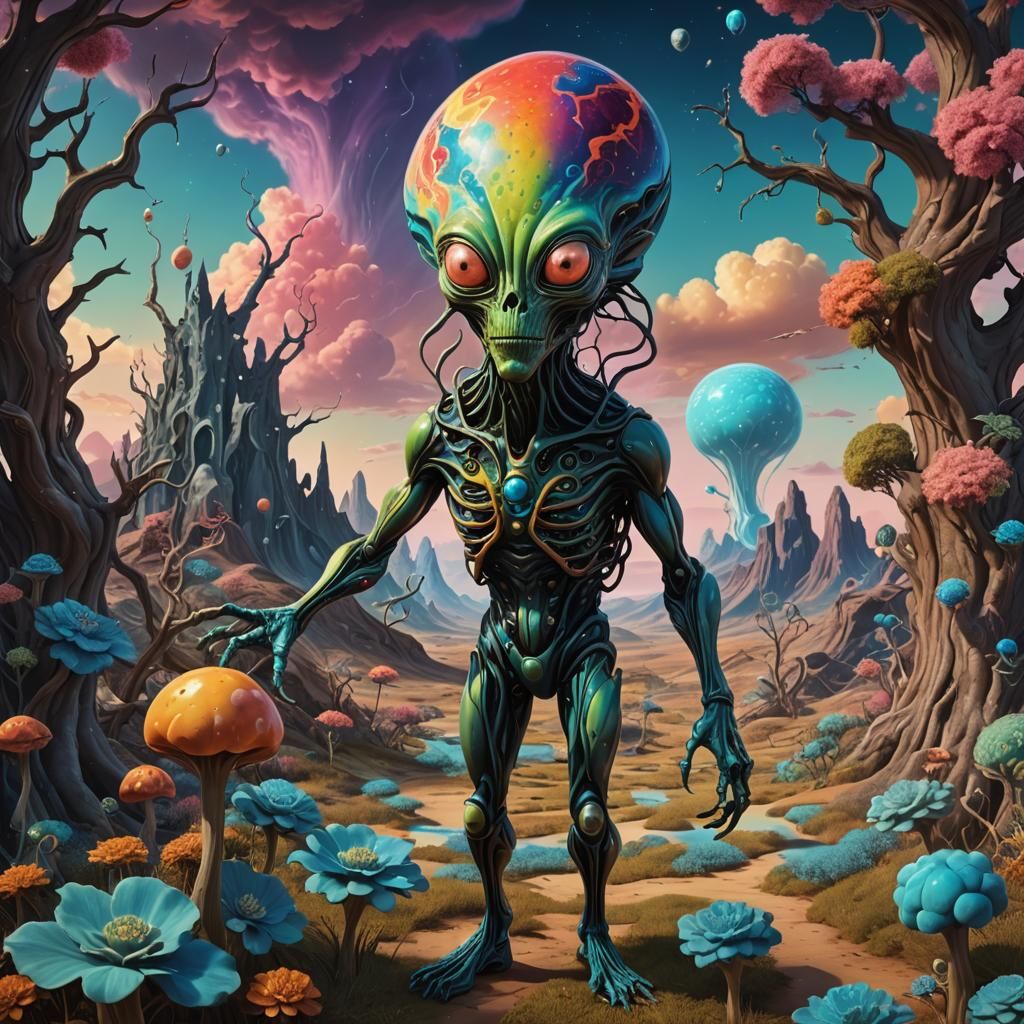 Surreal Alien in Psychedelic 3D Landscape