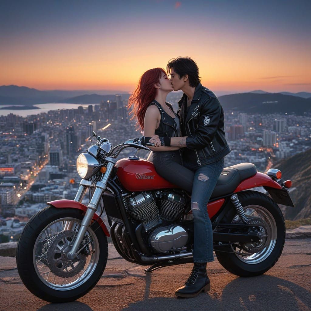 Stylized 3D Anime Couple's Motorcycle Kiss on a Cliff