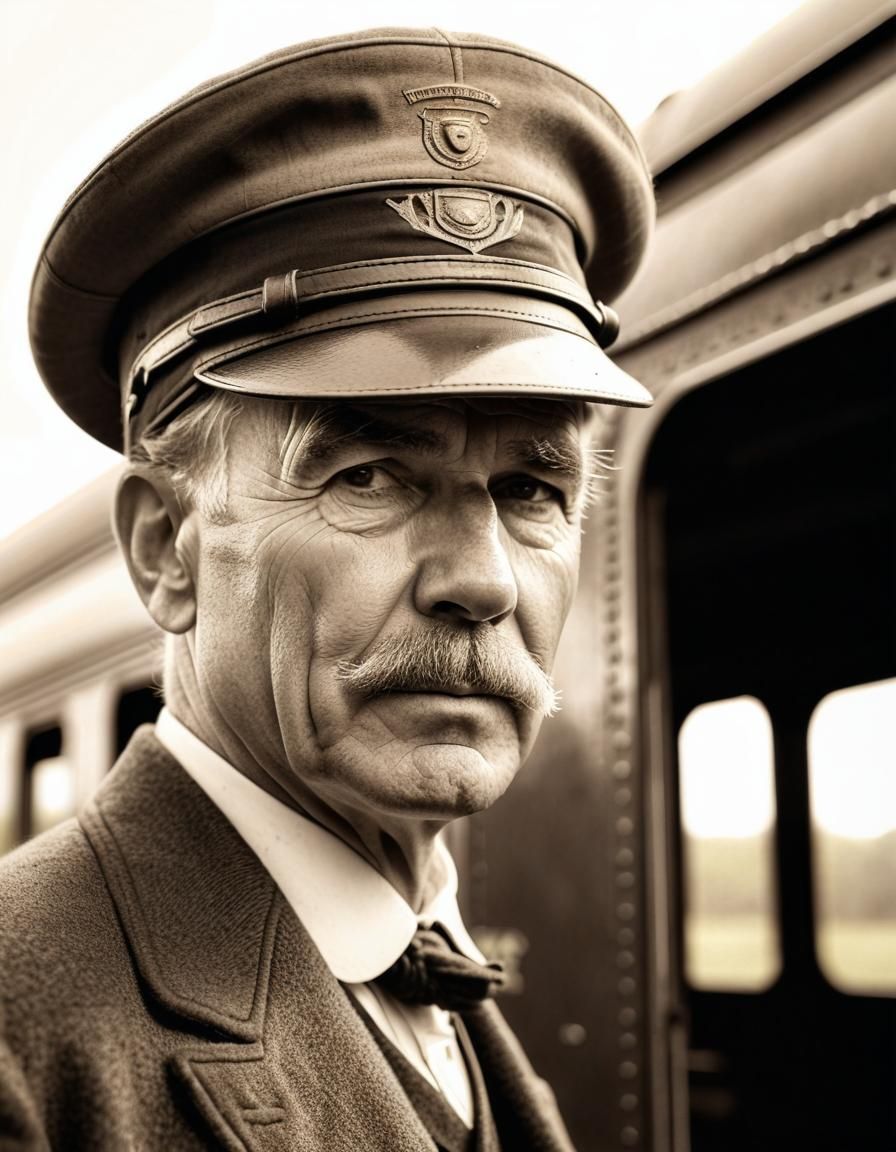 Vintage Sepia Portrait of an Old Train Driver