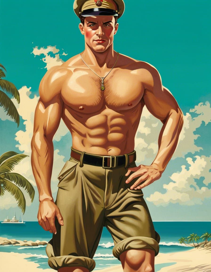 1940s GI Soldier Pin-Up on Tropical Beach
