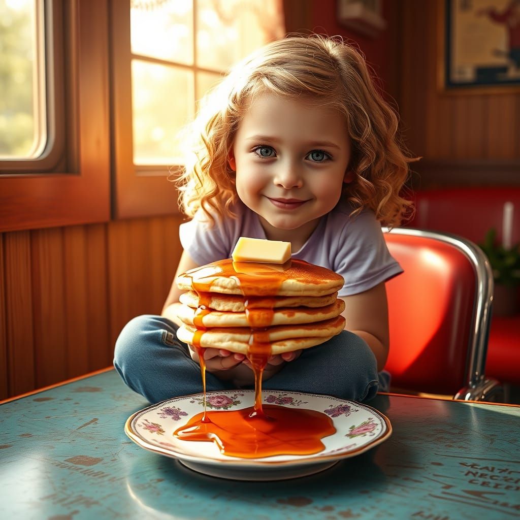 Whimsical Retro Girl Enjoying Morning Pancakes in Sunny Dine...