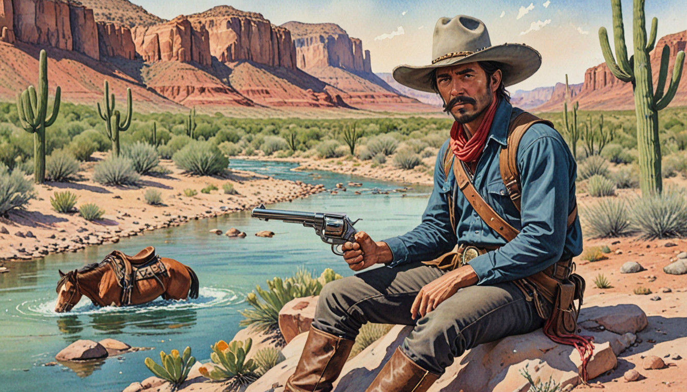 Vibrant Wild West Watercolor Painting in Comic Book Style