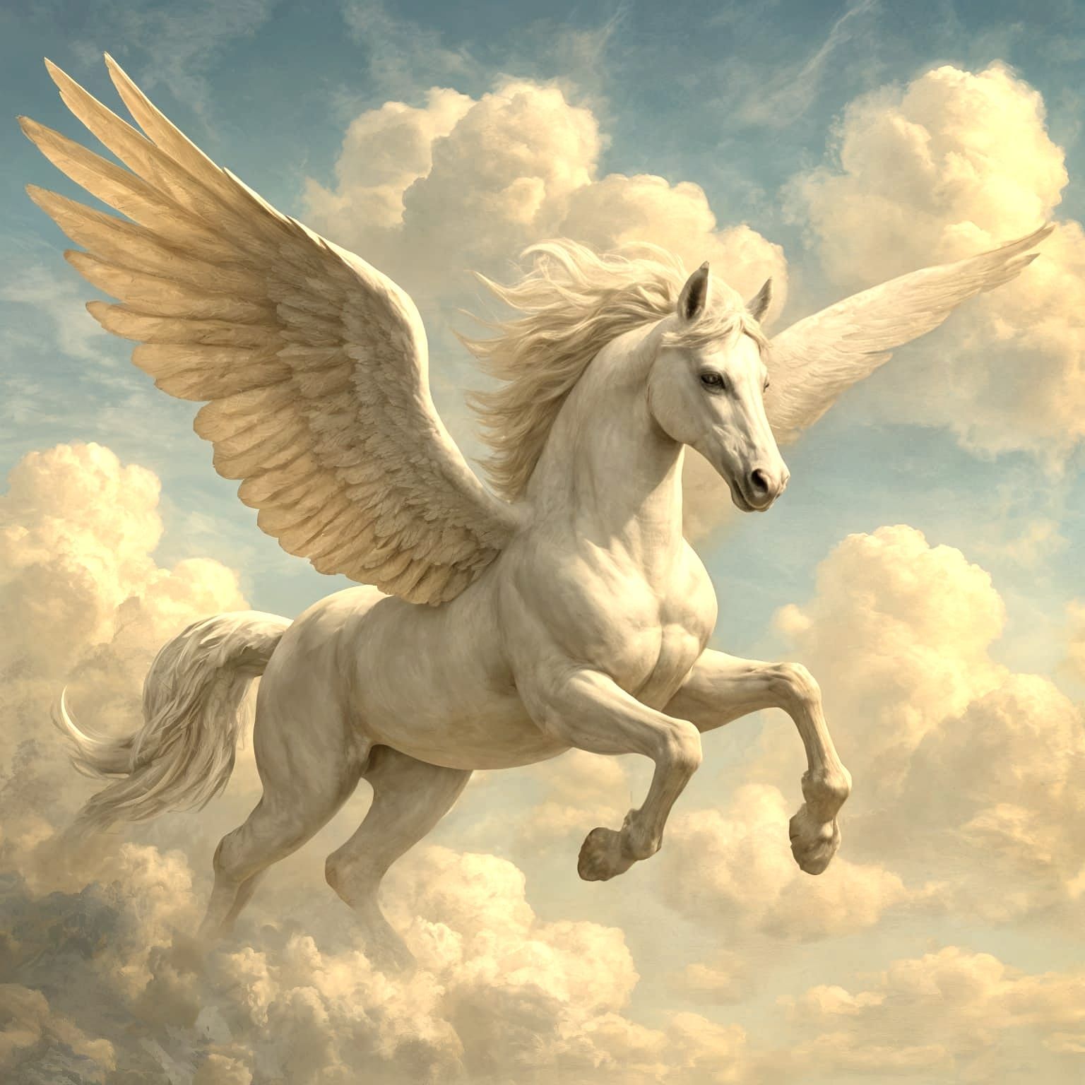 Pegasus in Flight Among Clouds
