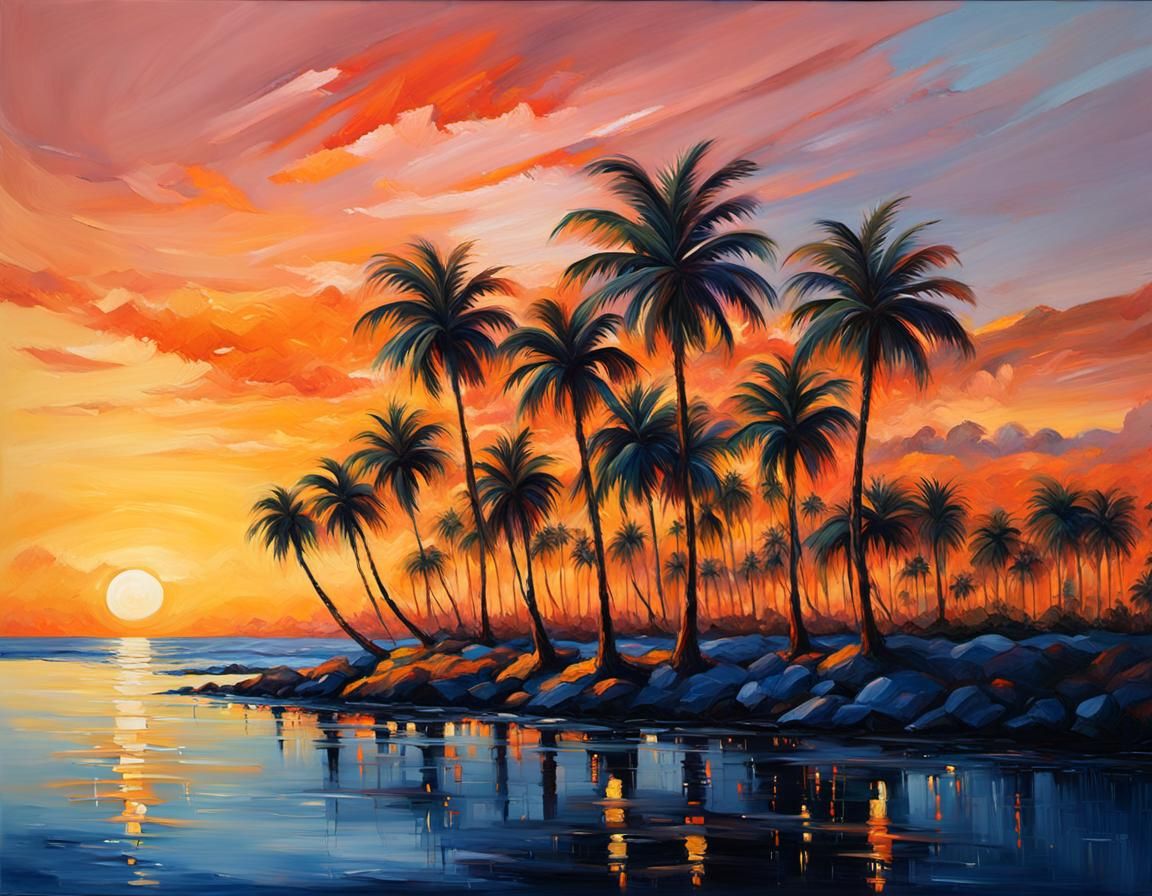 Vibrant Sunset Palm Trees in Oil Painting Style