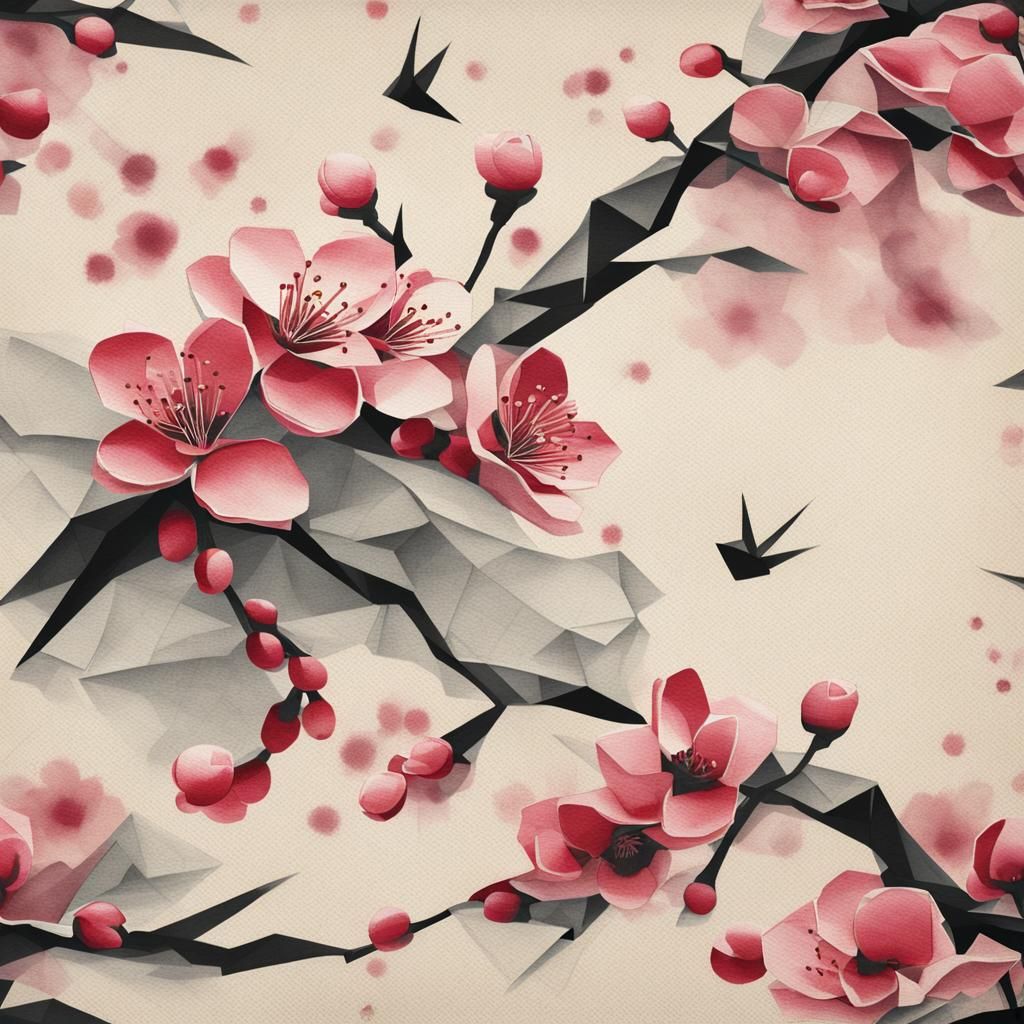Plum Blossoms Ink on Canvas with Origami Folds