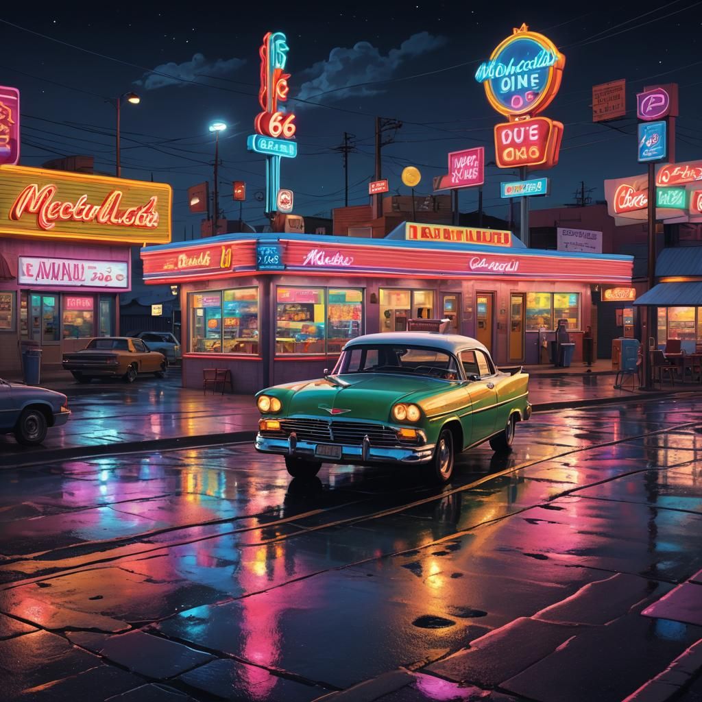 Route 66 Diner at Night in Anime Style