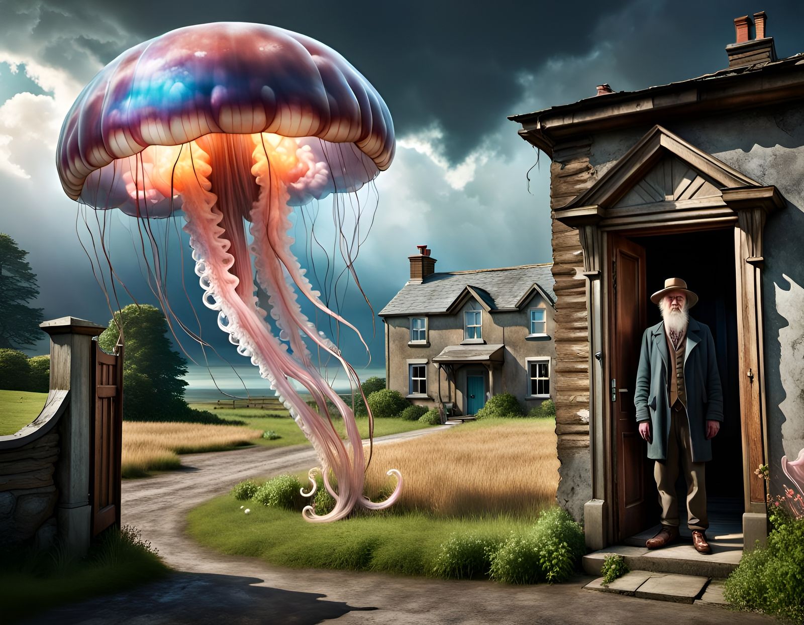 Surreal Jellyfish Over Dystopian Welsh Village