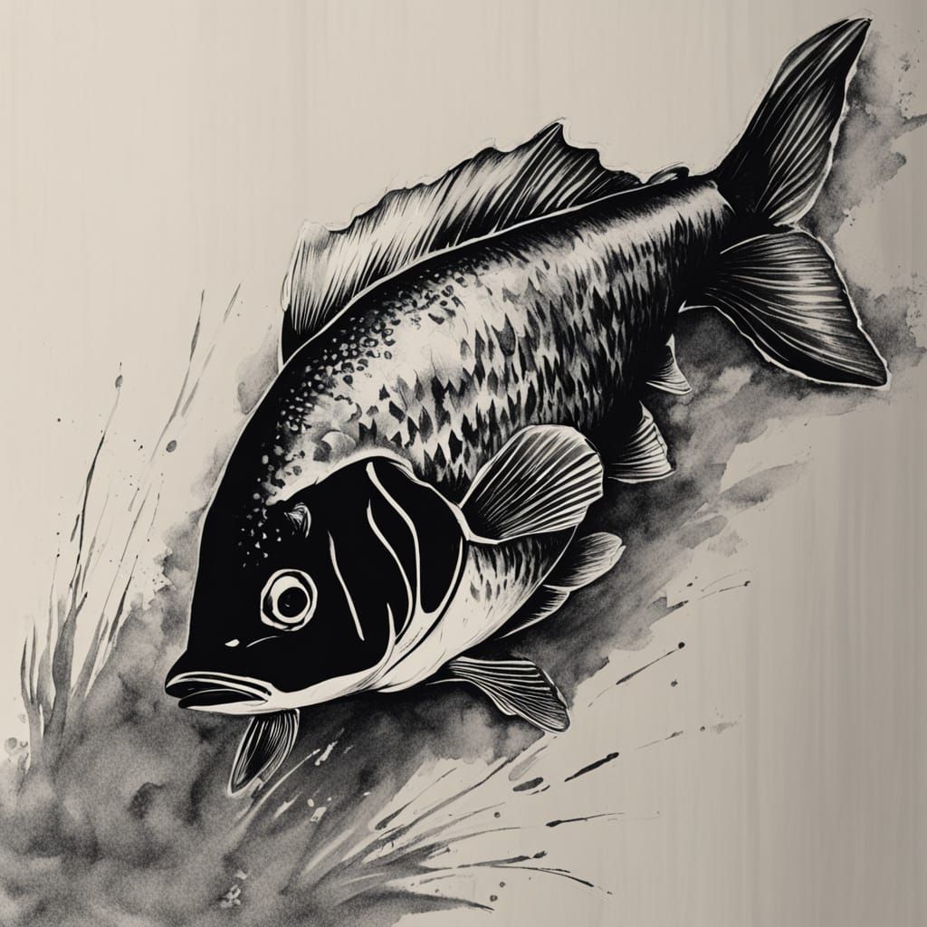 Sumi-e Fish in Calm Water: Japanese Woodblock Style