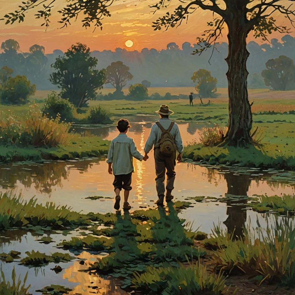 Father and Son at Sunset in Impressionistic Style