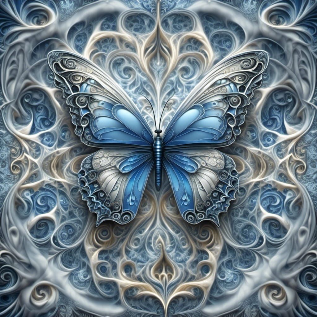 A butterfly in blue sliver and white