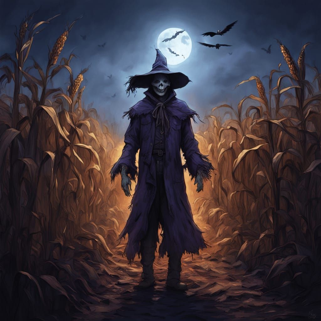 Ghostly Scarecrow in Haunted Corn Maze at Twilight