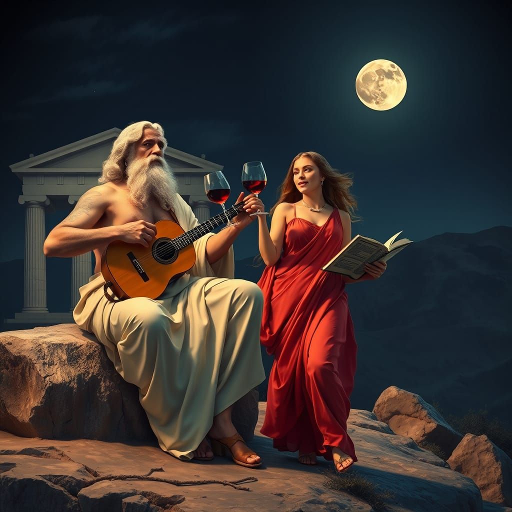 Zeus Performs Bouzouki Under the Moonlit Parthenon