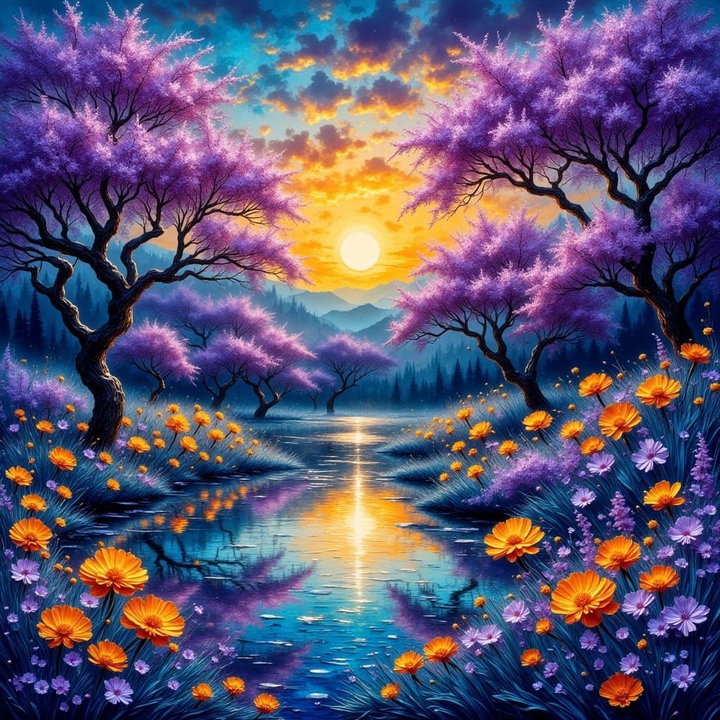 Vibrant Bloom Sunset in a Serene Landscape