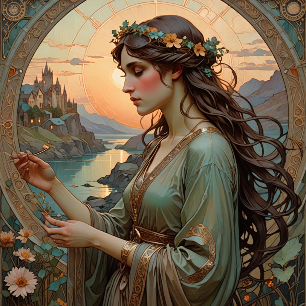 Digital Woman Emerges from Code Landscape in Mucha Waterhous...