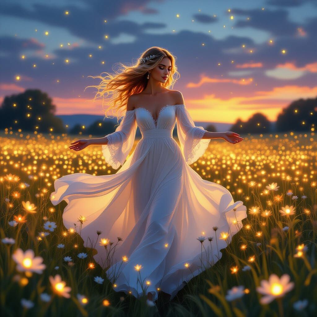 Woman in Luminous Flower Field at Twilight