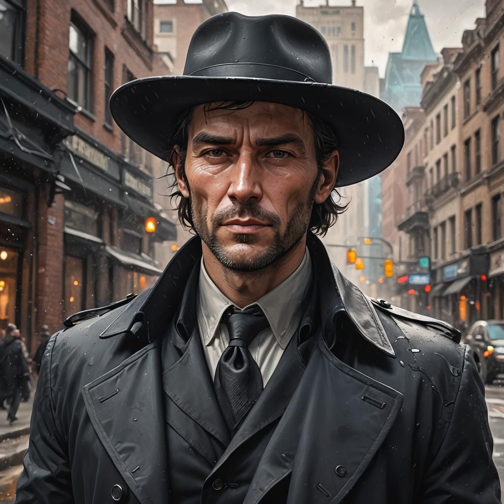 Man in Black Trench Coat: Detailed Portrait