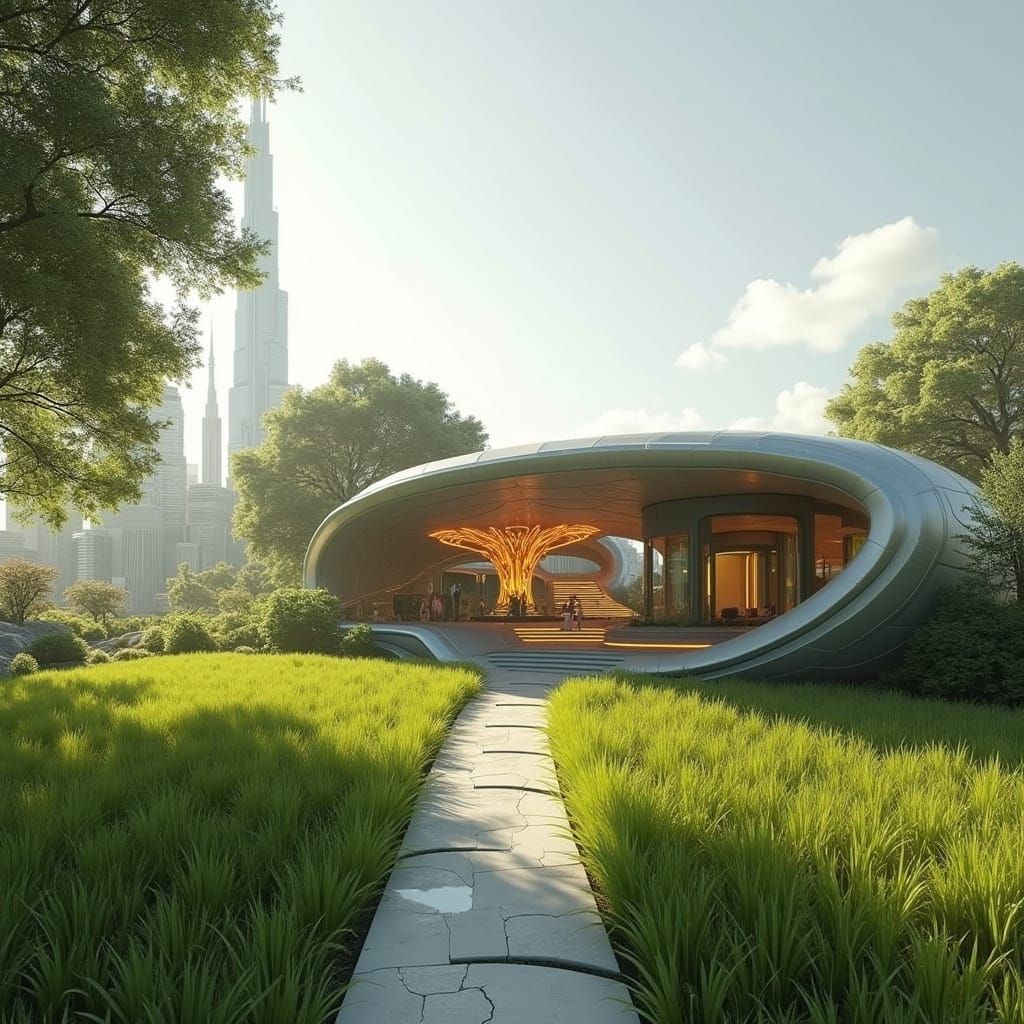 Futuristic Cityscape with Iridescent Tree and Glowing Skyscr...