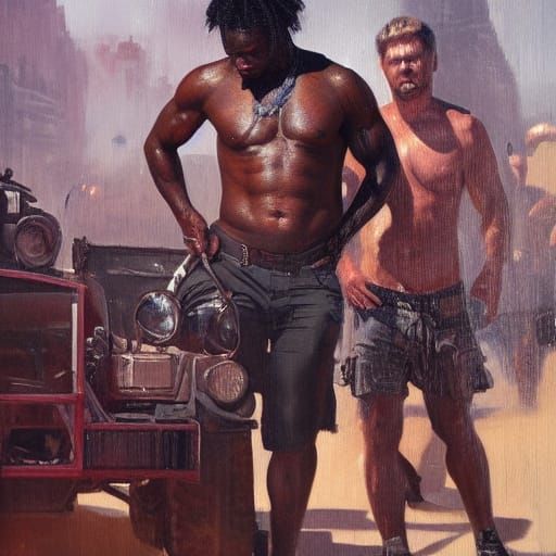 Shirtless D'Angelo in Dieselpunk Oil Painting