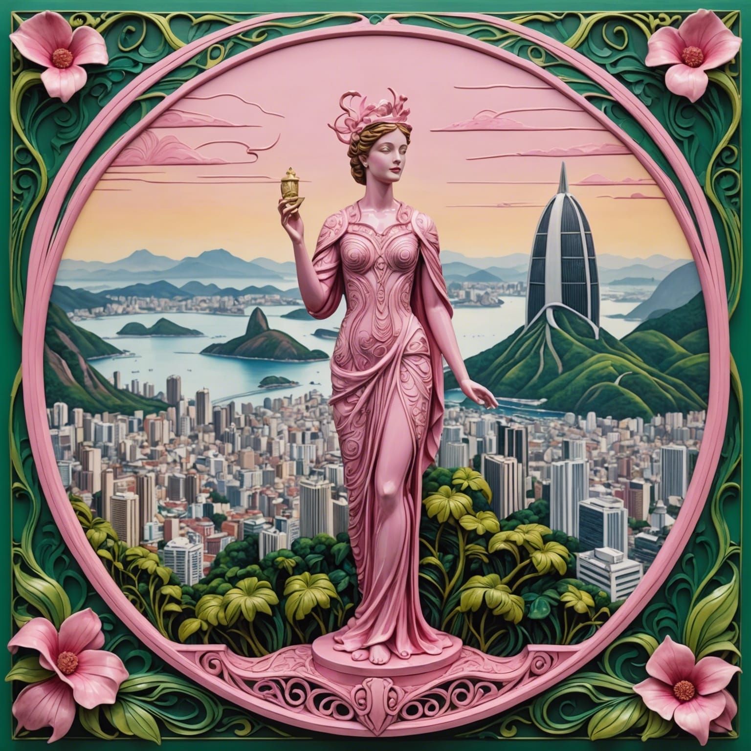 Art Nouveau Porcelain Painting of Futuristic Rio