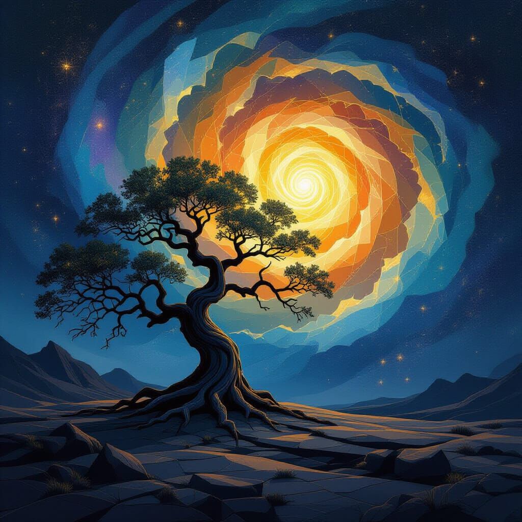 Ancient Rune Tree on Cosmic Plateau