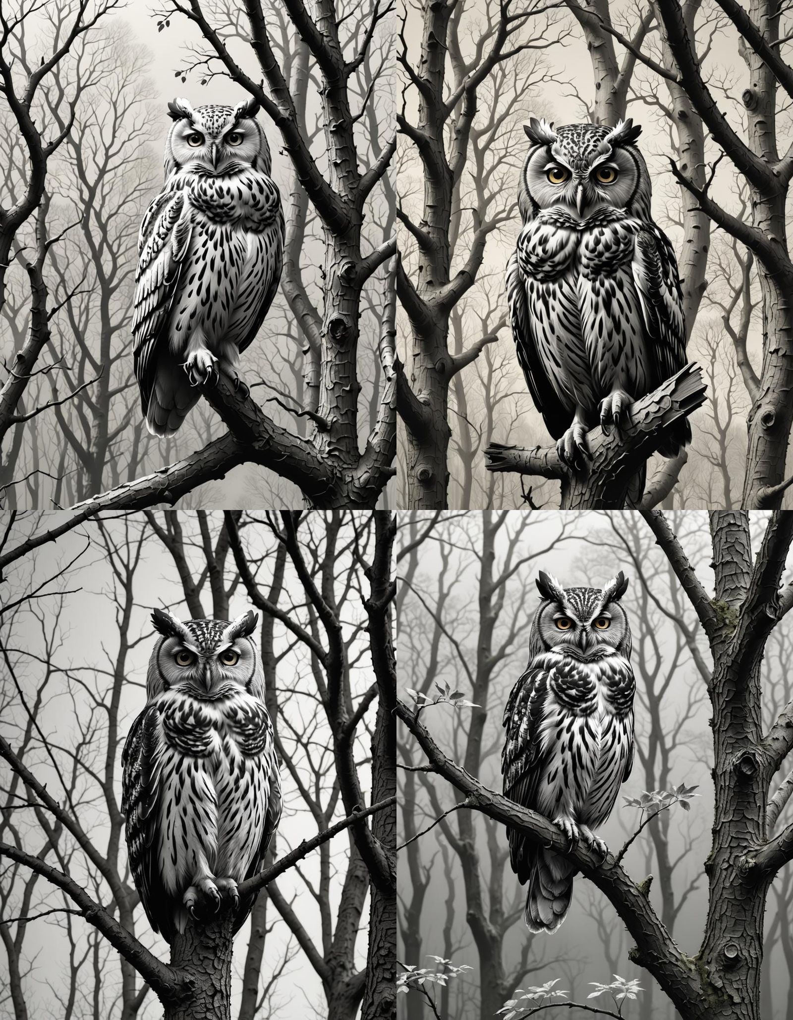 Monochrome 3D Owl Carving in Forest