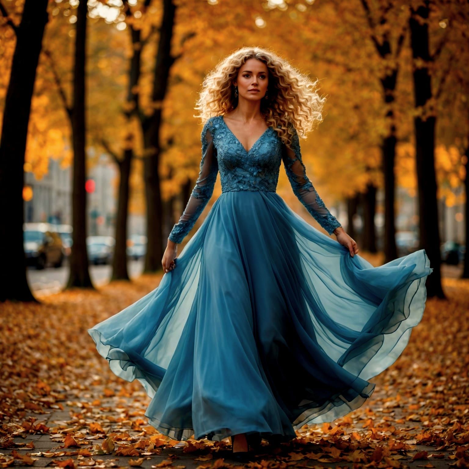Woman in Blue Gown in Autumn Landscape