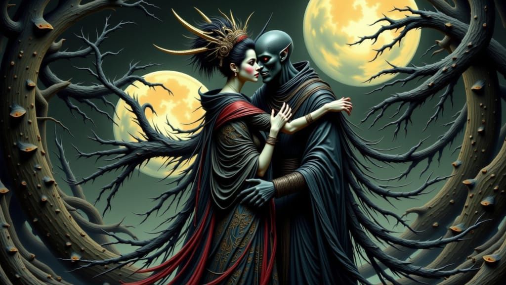 Geisha Embraces Samurai Ghost in Art Deco Style