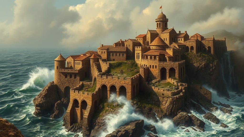 Medieval Coastal Village Perched on Cliffside