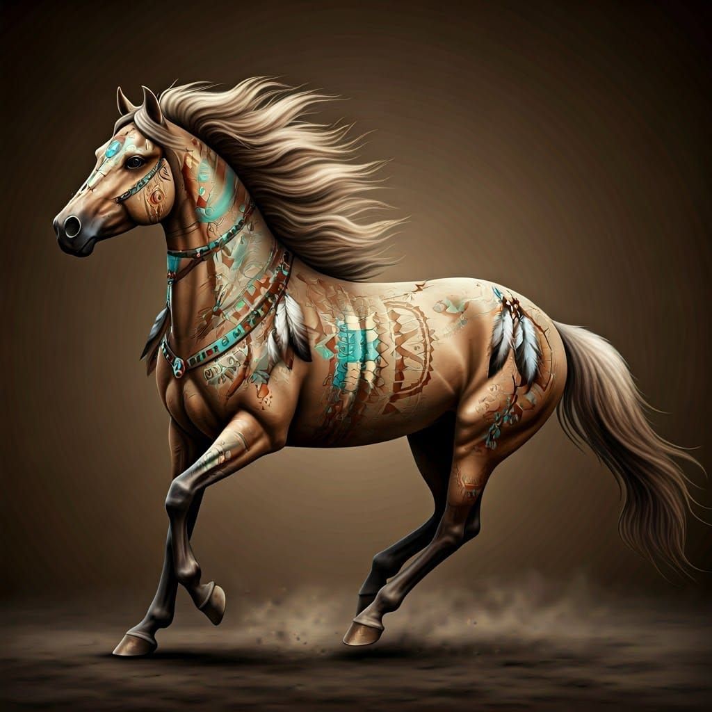 Tribal Feathered Mustang Horse Running