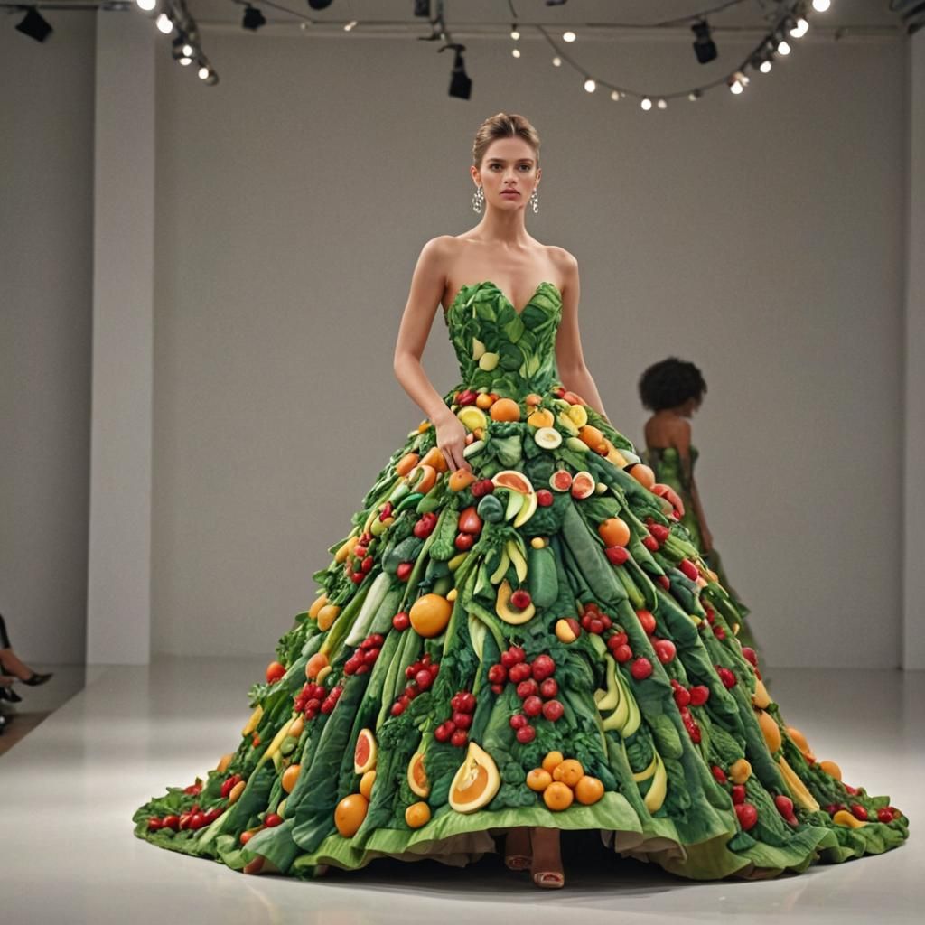 Fruit and Vegetable Ballgown on Runway in Hyperrealism