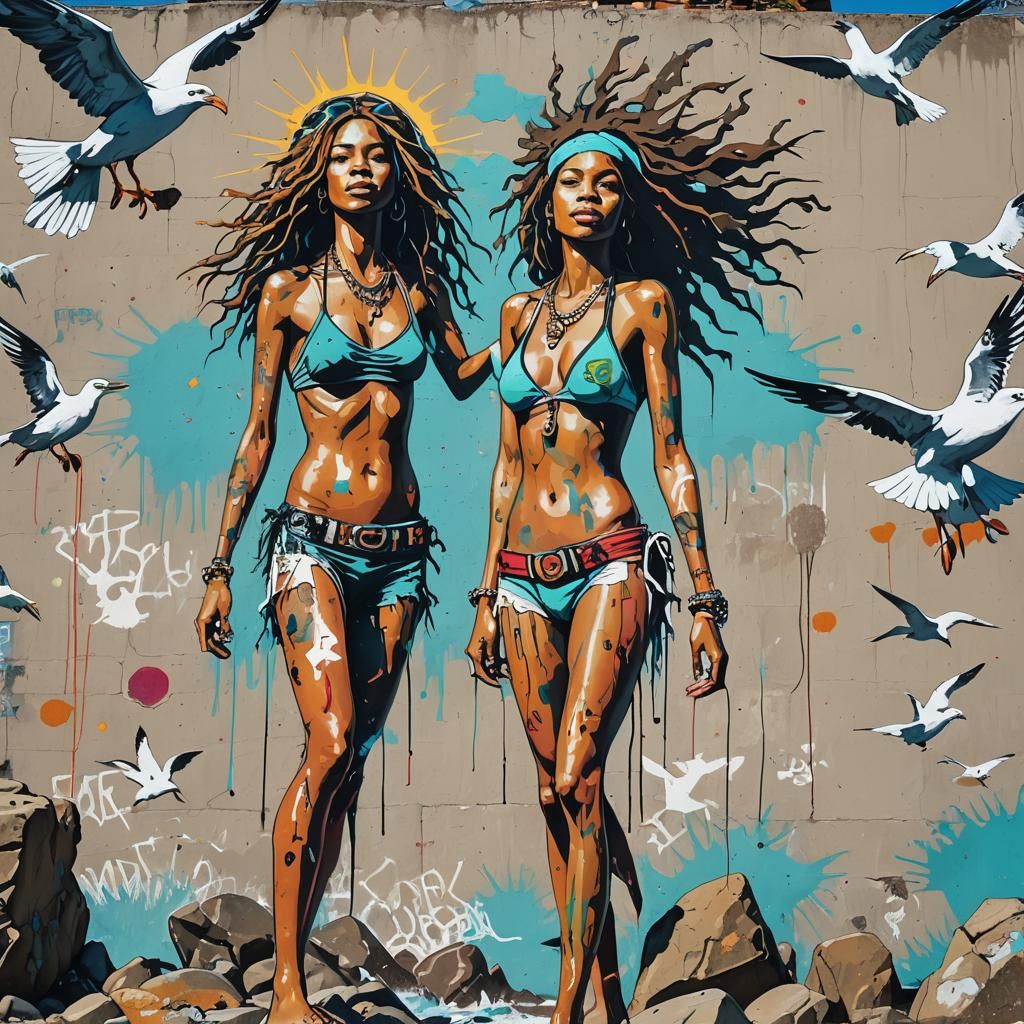 Hippie Girl on Rocky Shore in Basquiat Graffiti Style