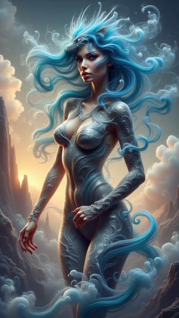 Dragon-Woman on Windswept Peak in Splash Art Style