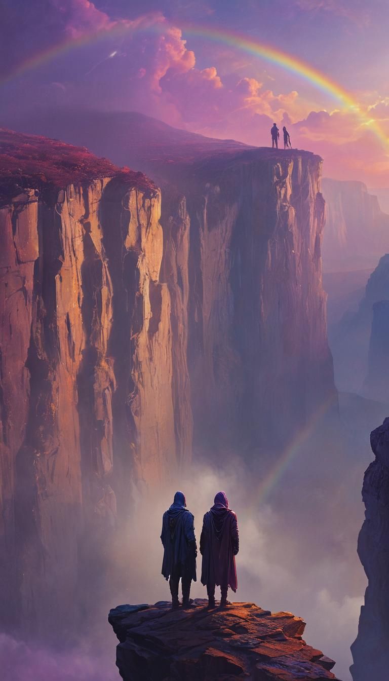 Rainbow Sky Over Epic Fantasy Landscape