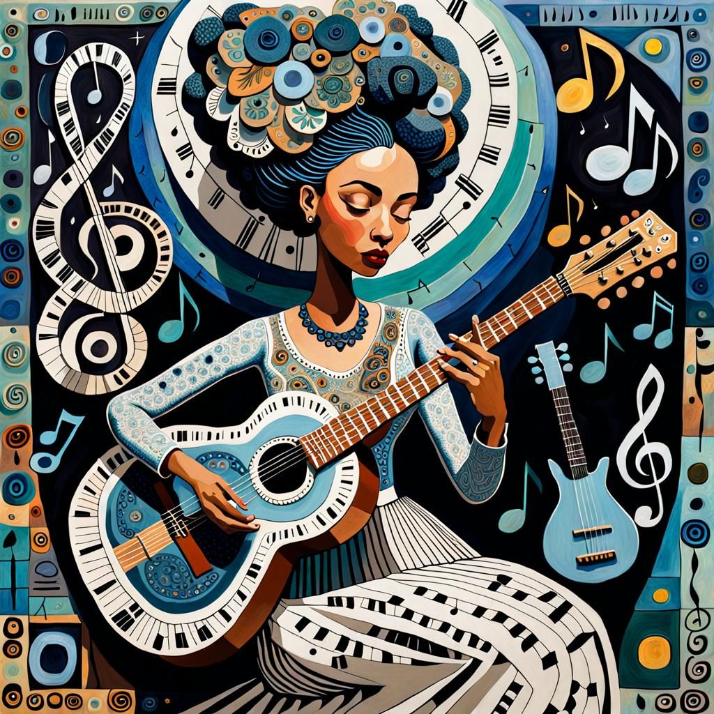 Whimsical Girl Plays Guitar in Naive Art Style
