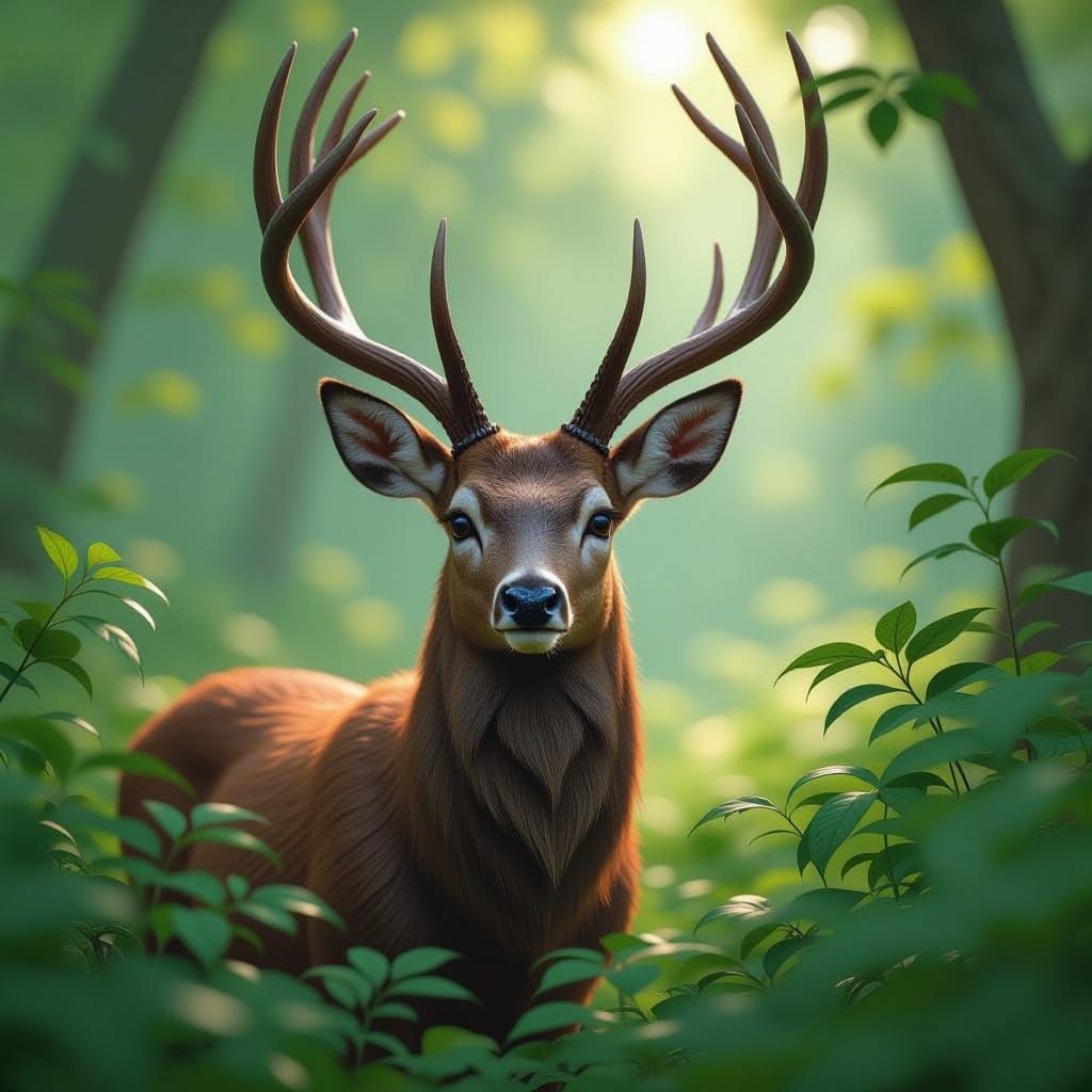 Majestic Deer with Detailed Antlers in Dappled Forest Light