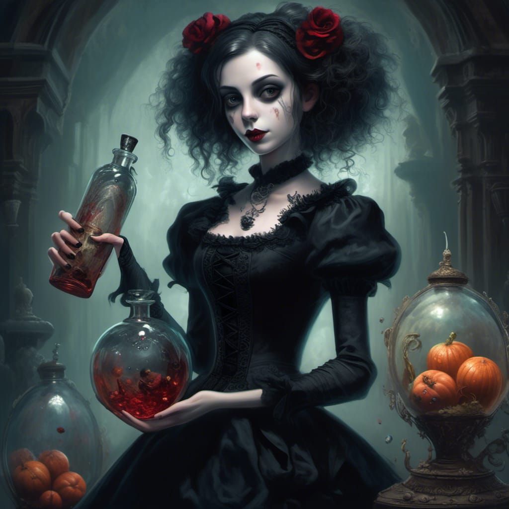 Gothic Ball Joint Girl Portrait in Tim Burton Style