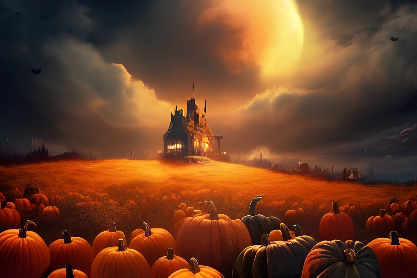 Spooky Pumpkin Field with Horror Castle