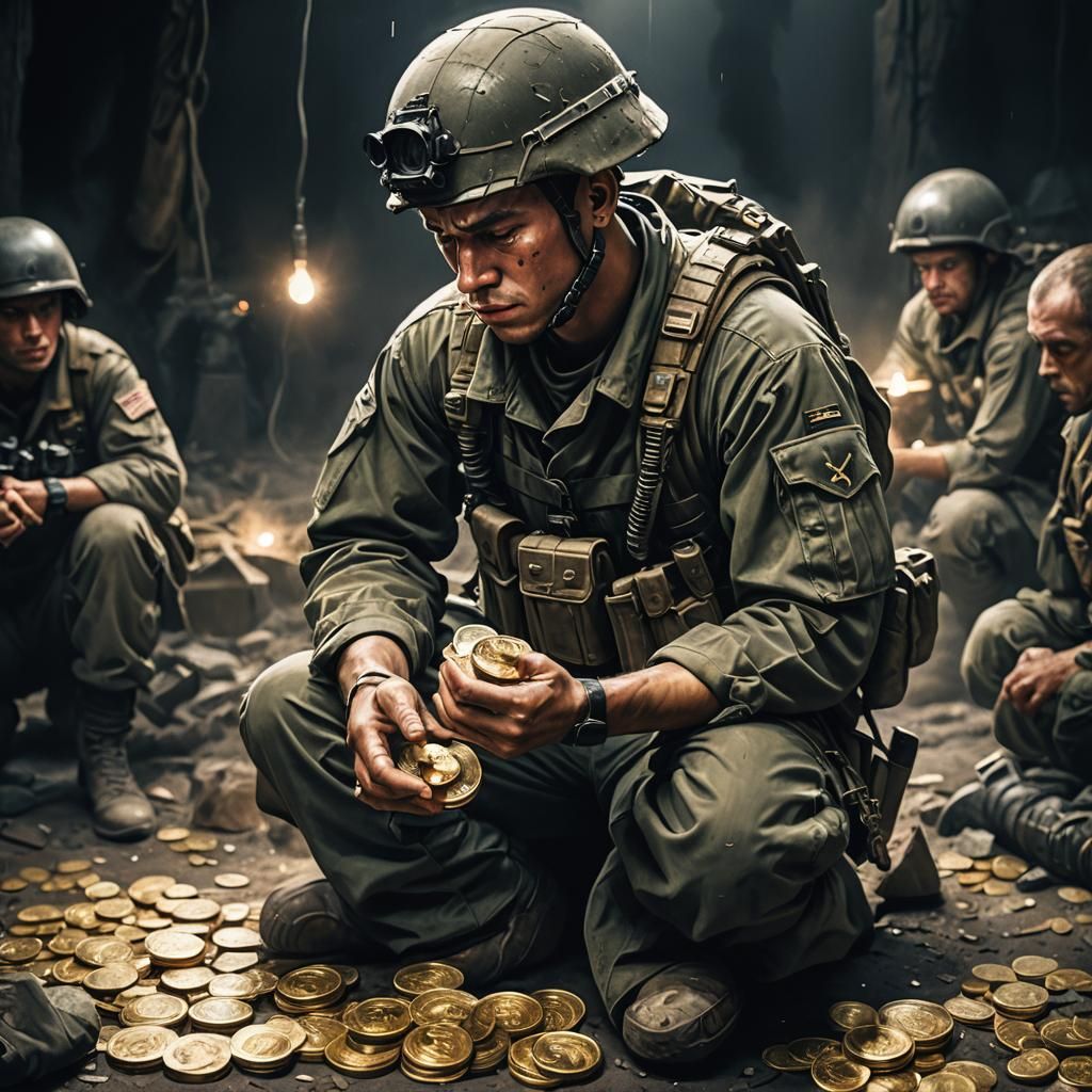 Soldier Holding Bitcoin in War-Torn Darkness