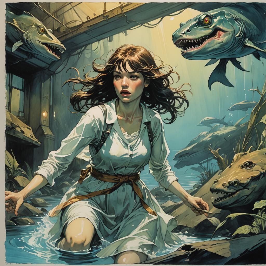 Girls Escape Prehistoric Fish in Retro-Futuristic Style