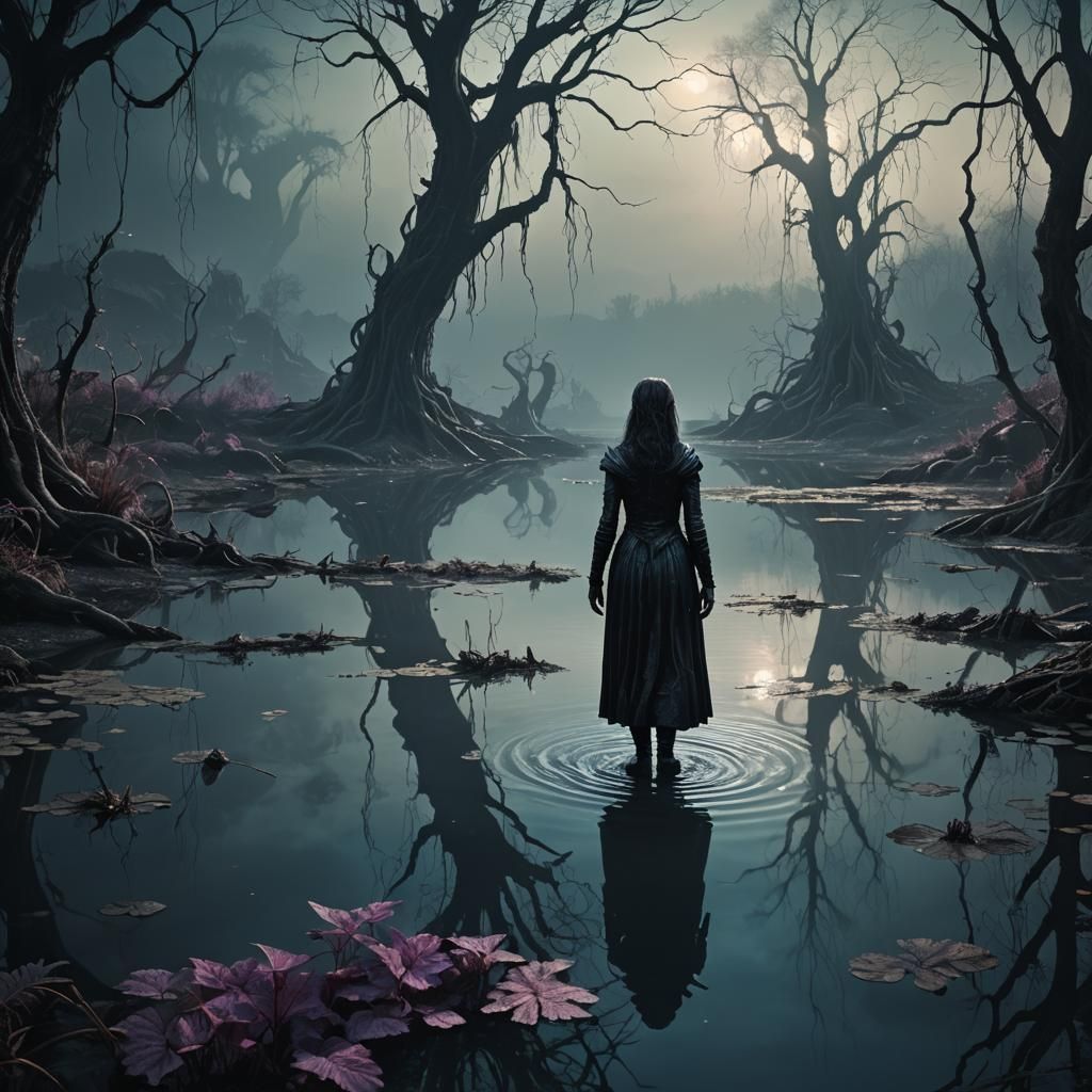 Mysterious Woman at Deadly Pond: A Dark Fantasy Matte Painti...