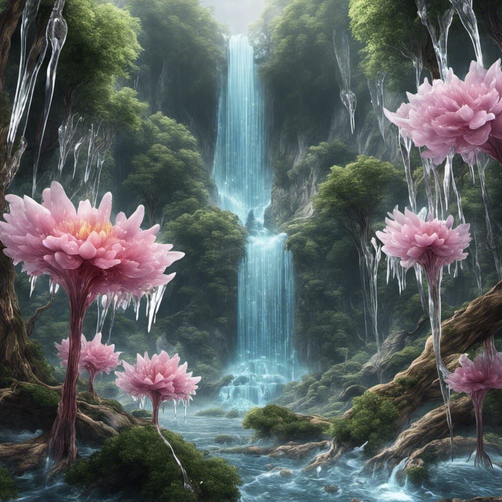 Fantasy Waterfall Scene with Fractal Light Rays